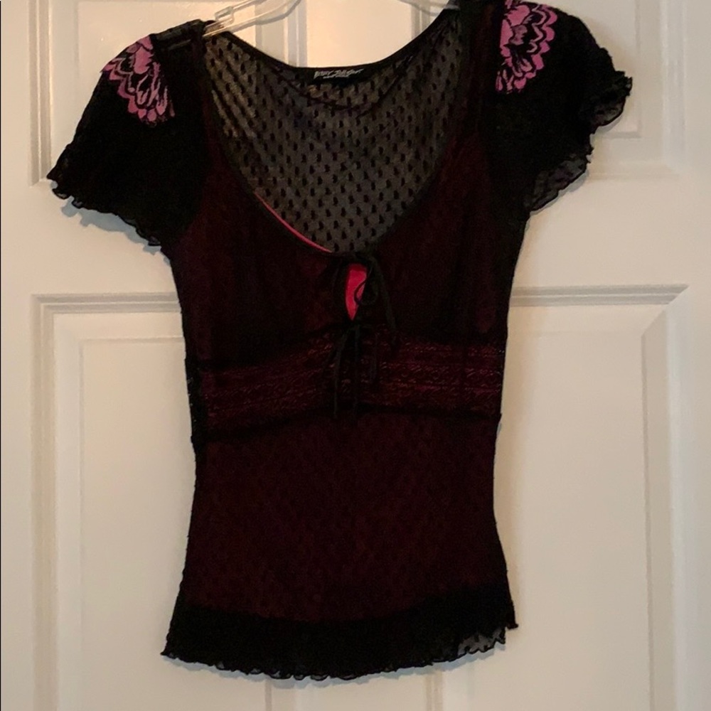 BETSEY JOHNSON. Vintage set. Black lace/pink cami and pencil skirt set.
